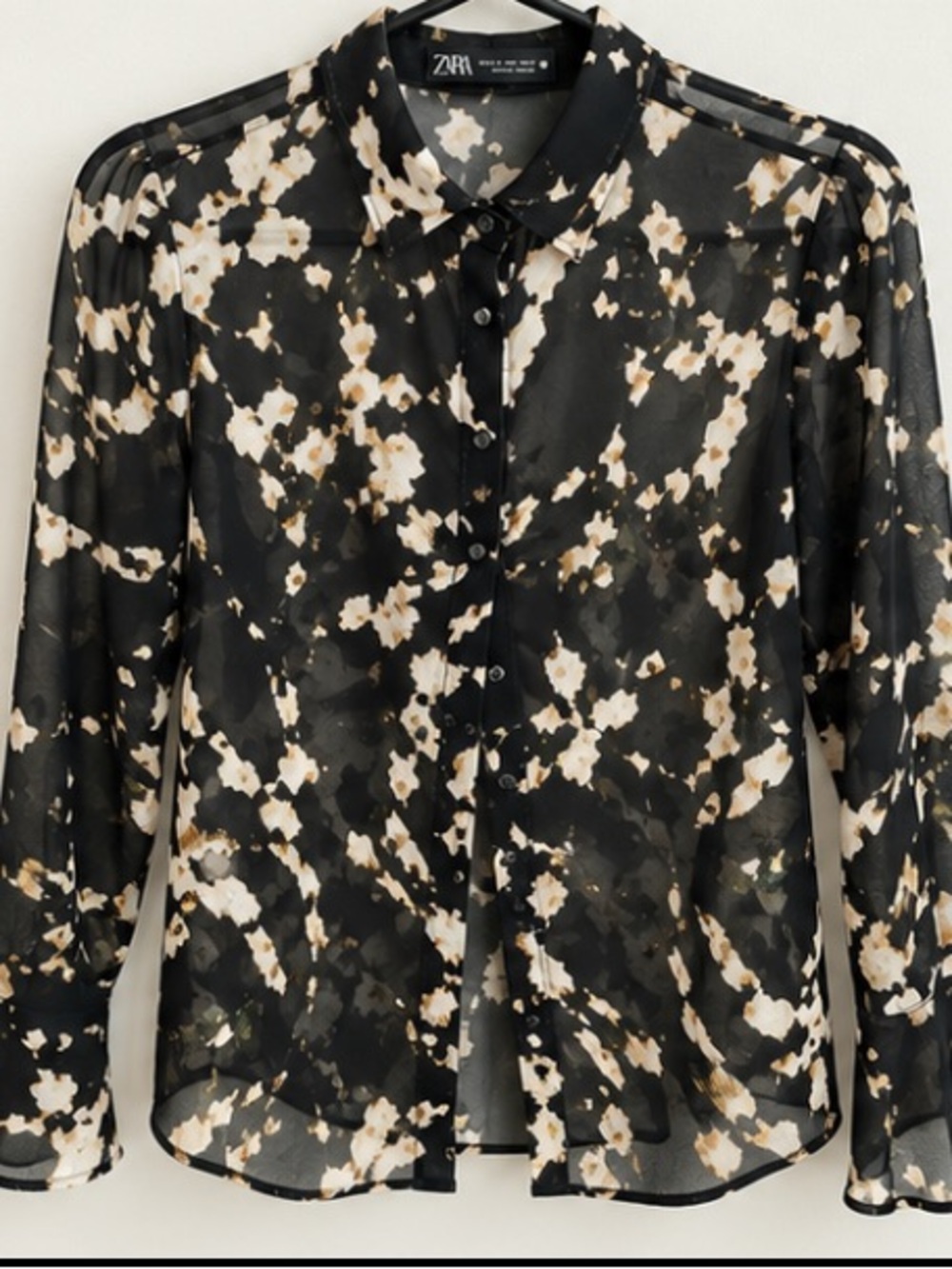 Zara Black and Cream Abstract Sheer Button-Up Blouse